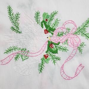Hand Embroidered White Dove, Holly Branches & Ribbons White Tablecloth 67x52.5"